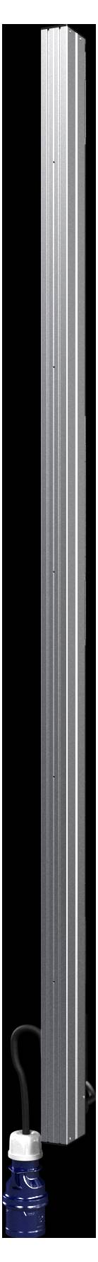 Ein langer, vertikaler silberner Metallobjekt mit einer blauen Basis und einem angeschlossenen Kabel, höchstwahrscheinlich Teil eines Geräte- oder Ausrüstungssystems.