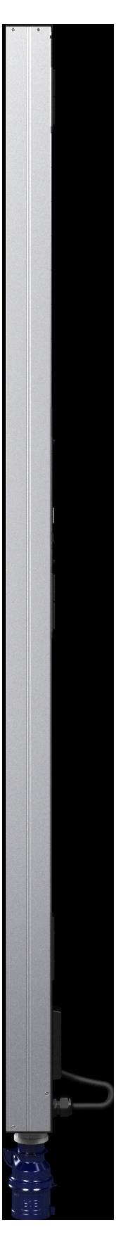 Ein hoher, schlanker, rechteckiger Metallgegenstand mit einer kleinen blauen Basis, möglicherweise ein vertikaler Ständer oder eine Stütze.