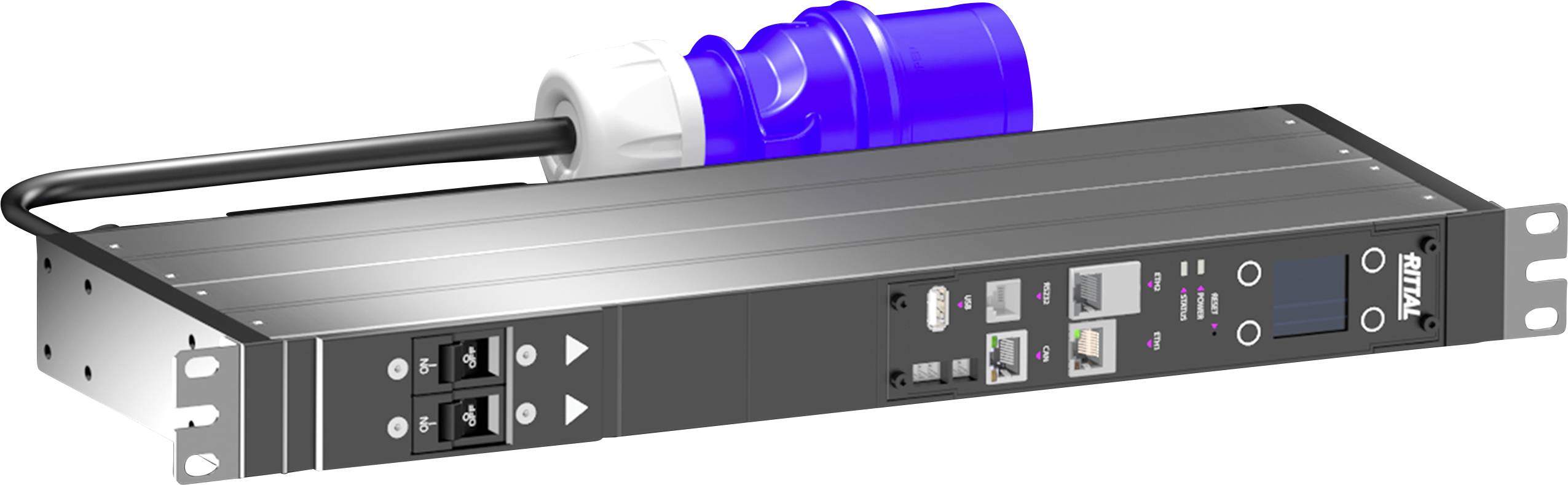 ML3 Stromverteilungseinheit mit mehreren Steckdosen und einem blauen Netzstecker, entwickelt für effizientes Energiemanagement in Serverracks.