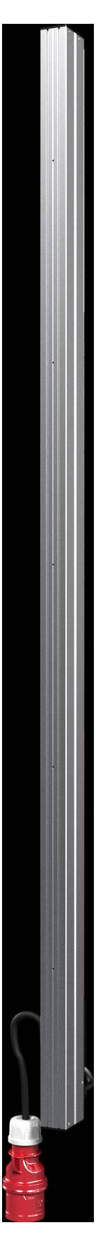 Eine hohe, schlanke, rechteckige Metallstange mit einer roten, abgerundeten Basis und einem dunklen Kabel, das von unten herausragt.