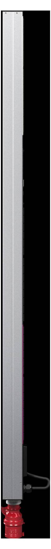 Ein schlanker, vertikaler Metallbehälter mit roten Gummispitzen an beiden Enden, der einem großen Streichholz ähnelt.