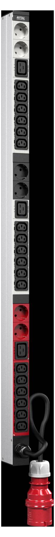 Ein hoher Steckdosenleiste mit mehreren Anschlüssen und einem roten Stecker am unteren Ende, konzipiert für industrielle oder gewerbliche Anwendungen.