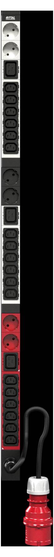 Steckdosenturm mit USB-Ports und rotem Stecker, mit beabstandeten Steckdosen und vertikaler Bauweise für Bereiche mit begrenztem Platz.