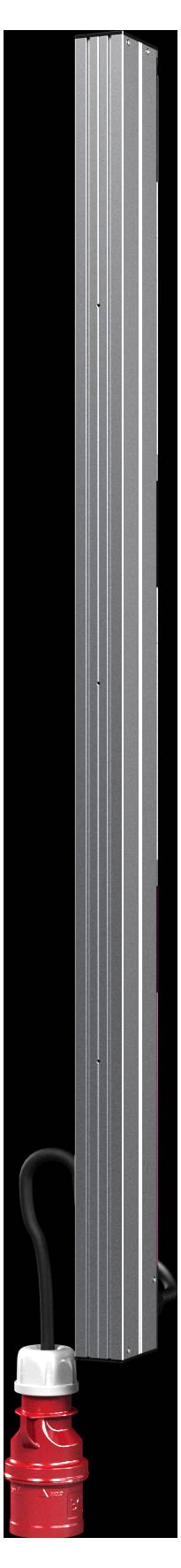 Ein hoher, vertikaler silberner Apparat mit einer schwarzen Basis und einer kleinen roten Flasche, die über einen Schlauch an der Unterseite angeschlossen ist.