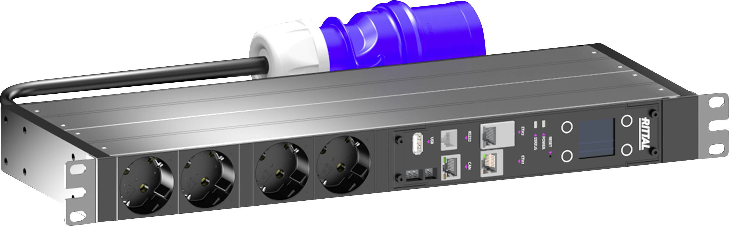 Eine Stromverteilungseinheit mit mehreren Steckdosen und einer digitalen Anzeige, die an einen großen blauen Stecker angeschlossen ist.