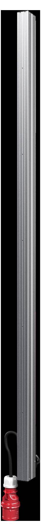 Ein langer, schlanker Metallofen mit einem roten Netzschalter an der Basis.