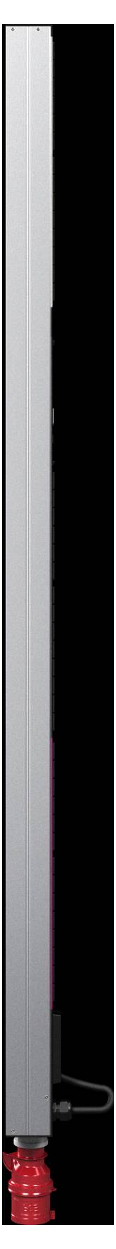 Ein schlankes, rechteckiges elektronisches Gerät mit einem roten Knopf am unteren Rand; Seitenansicht.