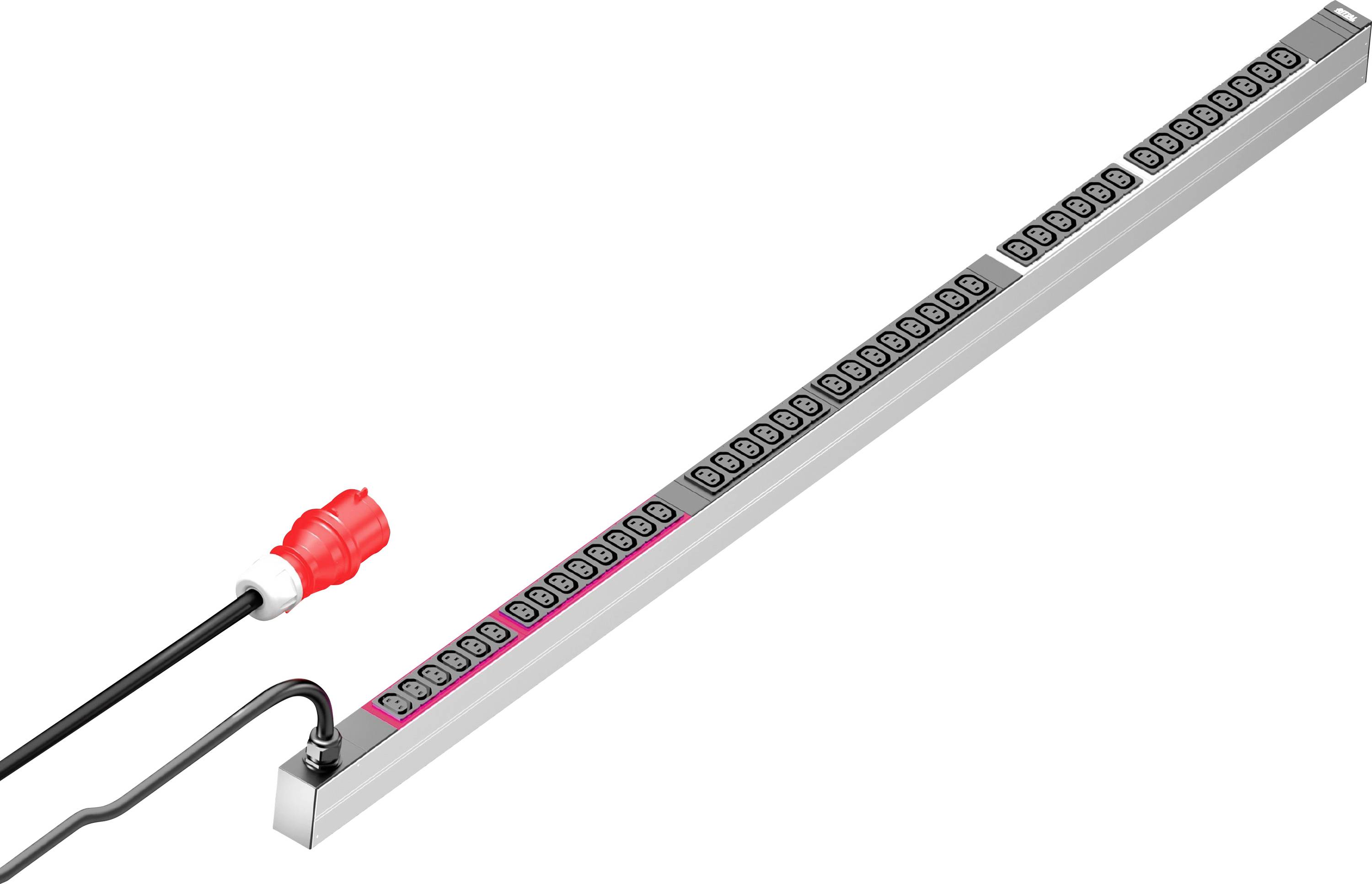 Ein langes metallisches Objekt mit nummerierten Schlitzen, verbunden mit einem roten Stecker an einem schwarzen Kabel, möglicherweise Teil einer elektrischen oder technischen Ausrüstung.