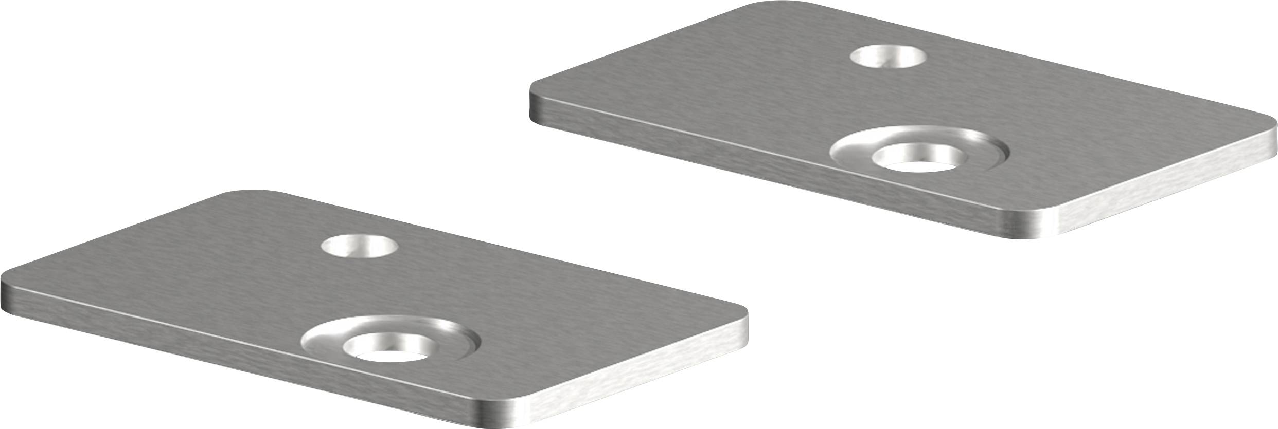 Zwei rechteckige Metallplatten, die jeweils zwei kreisförmige Löcher haben, ein größeres und ein kleineres, diagonal zueinander positioniert.