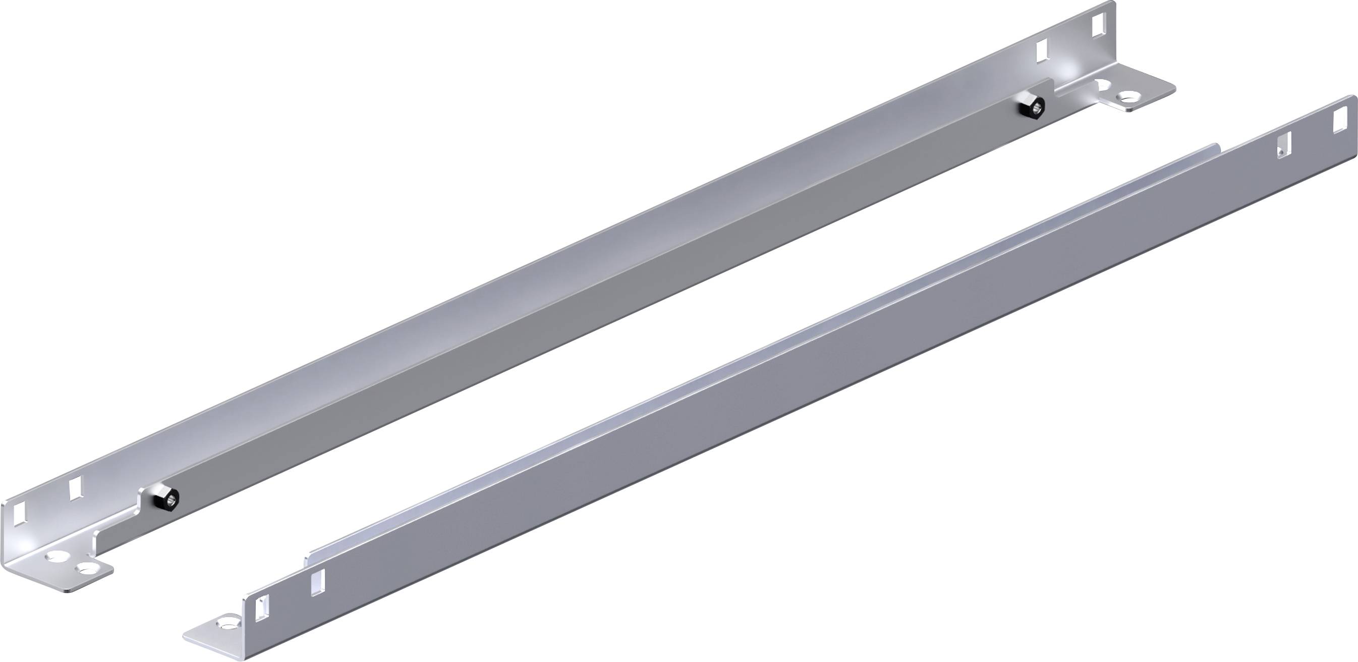 Zwei metallische Tragschienen für die Montage, parallel zueinander dargestellt, mit Bolzenlöchern an jedem Ende.