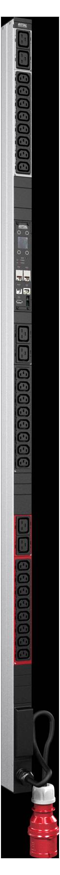 Eine vertikal montierte Rack-Einheit mit LED-Anzeigen, Einschalttasten und einem roten Kabel, das unten angeschlossen ist.