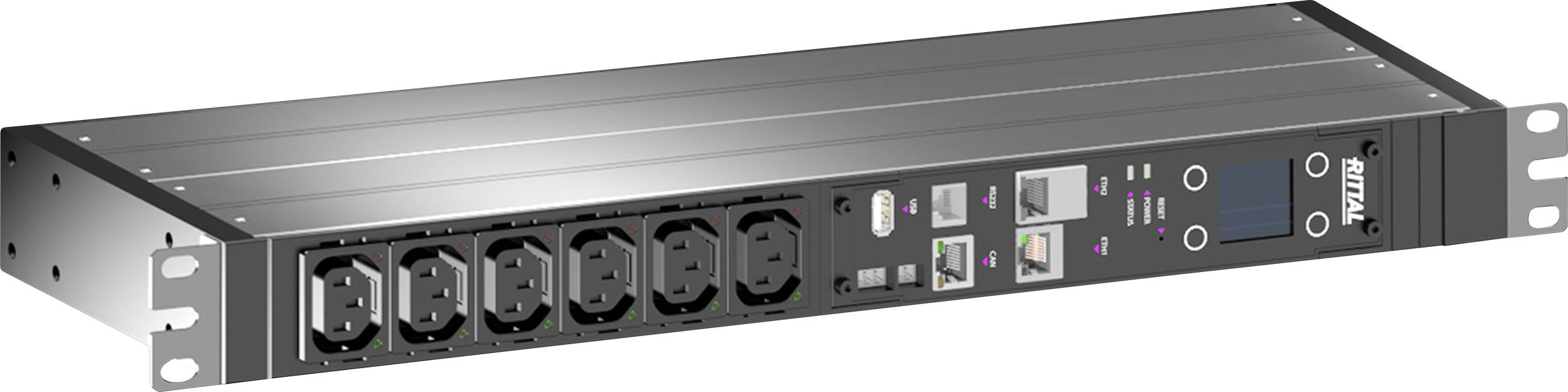 Rack-montierte Stromverteilungseinheit mit mehreren Steckdosen und einem Bedienfeld an der Frontseite, die zur Verwaltung der elektrischen Stromverteilung verwendet wird.