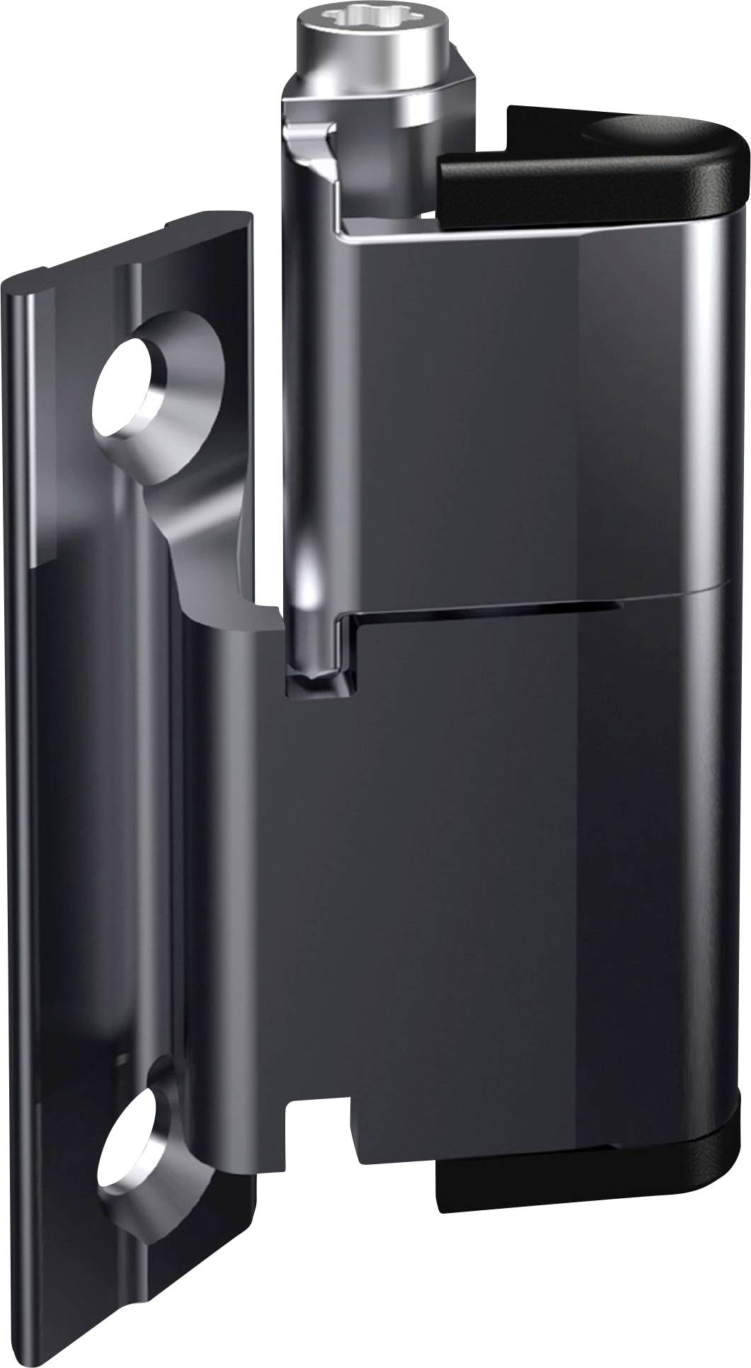 A metallic door hinge with a black finish, featuring a cylindrical axis and two pre-drilled mounting holes.