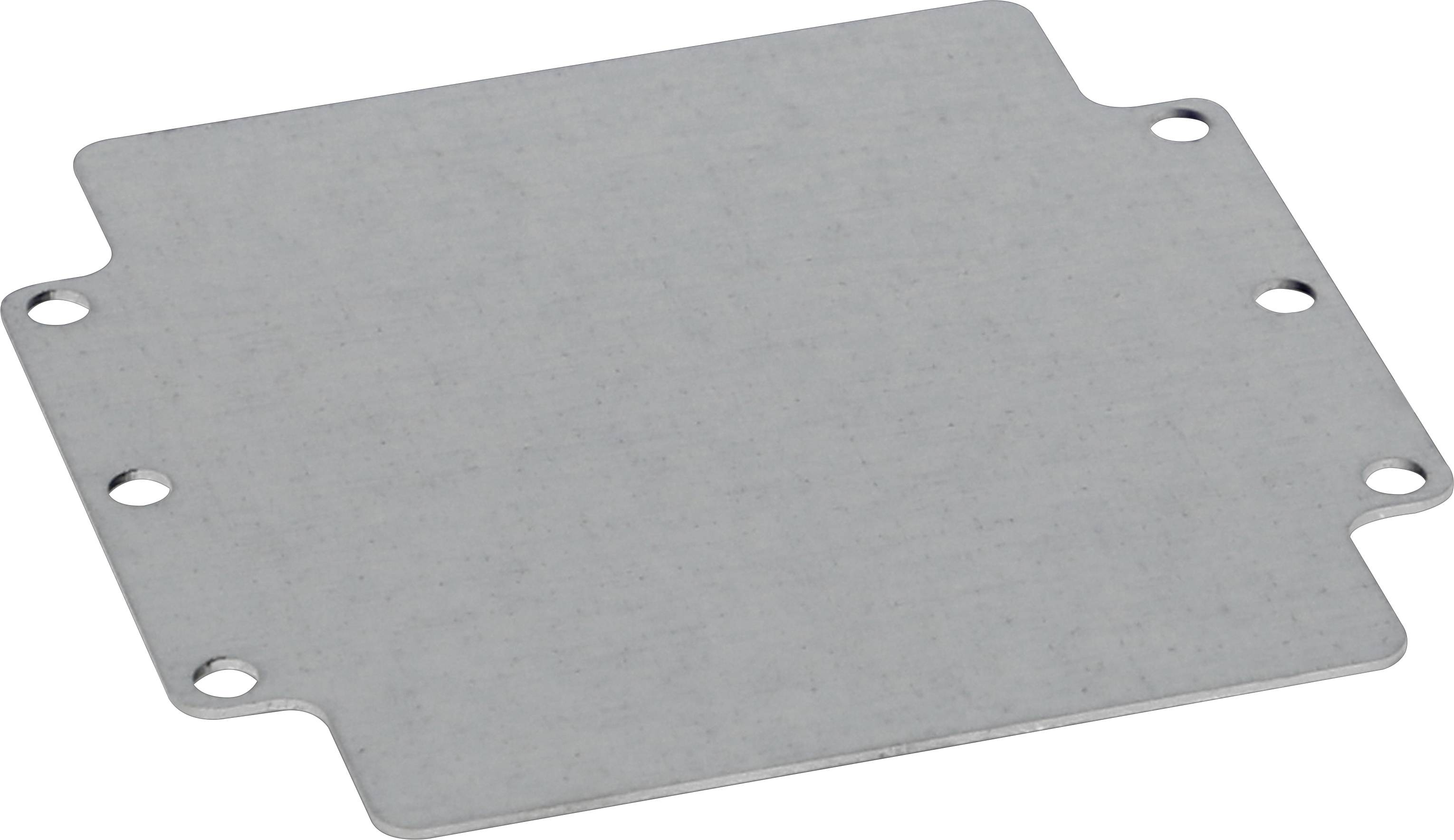 Eine flache, rechteckige Metallmontageplatine mit sechs symmetrisch auf den Kanten angeordneten runden Löchern.