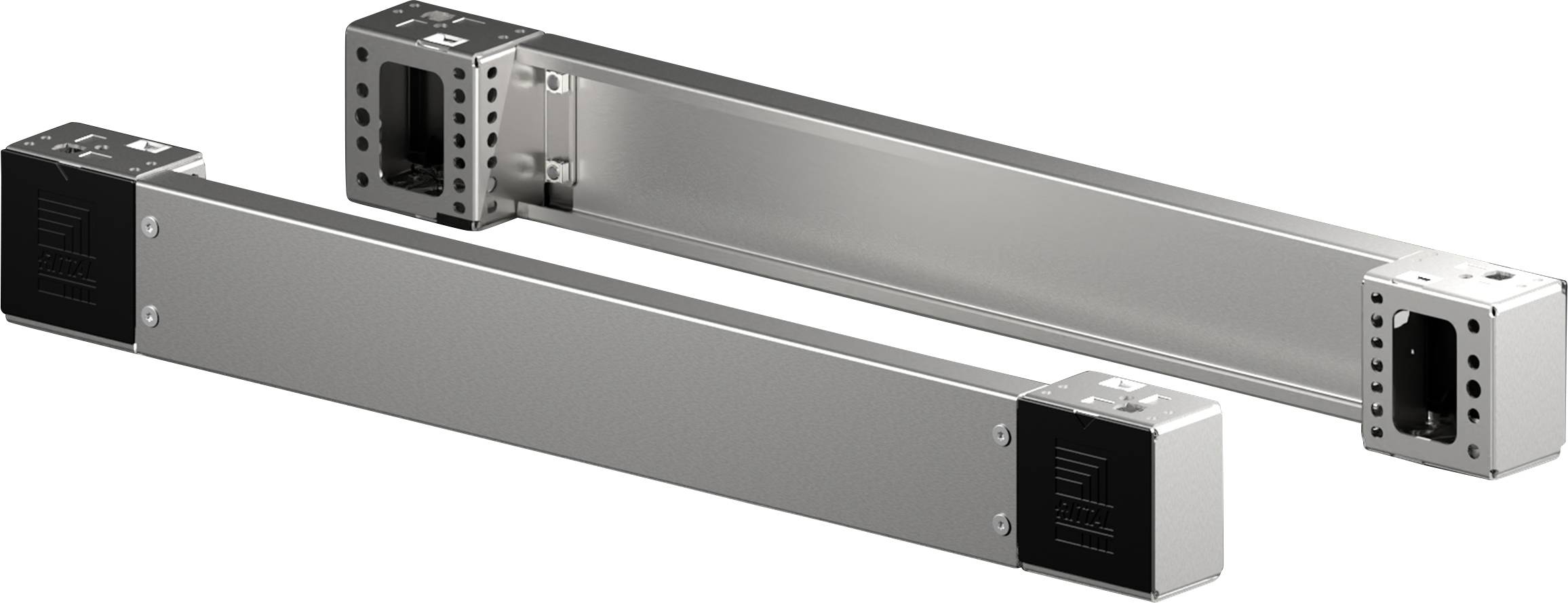Zwei metallische lineare Aktuatoren sind diagonal positioniert, mit schwarzen Endkappen und mehreren sichtbaren Befestigungslöchern, und werden für präzise Bewegungen verwendet.