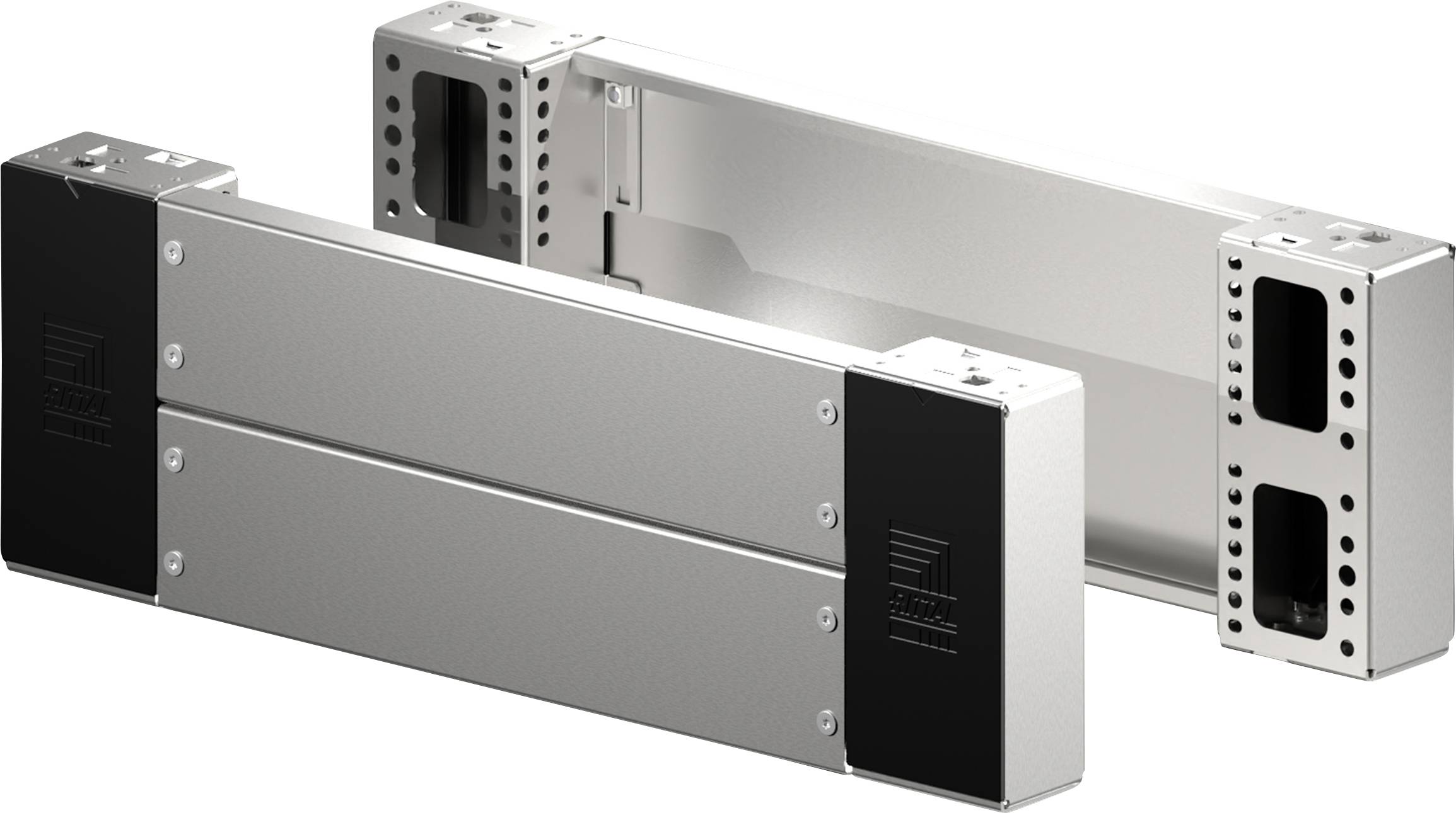 Zwei metallische lineare Bewegungskomponenten mit schwarzen Endkappen, ausgestattet mit Montagelöchern und elegantem Design für industrielle Anwendungen.