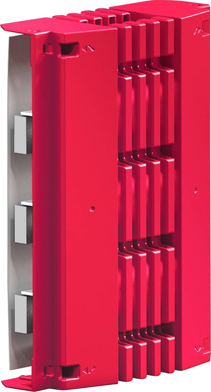 Ein roter industrieller Kühlkörper mit mehreren metallischen Lamellen, der für eine effiziente Wärmeableitung konzipiert ist.