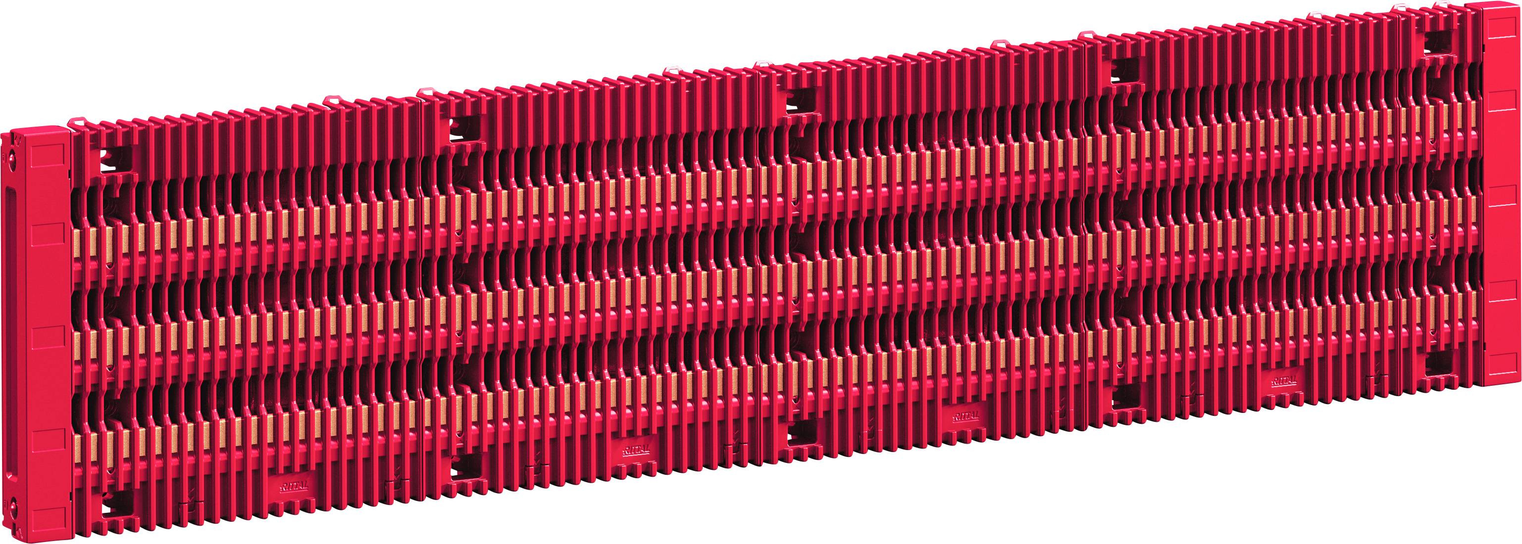 Ein roter mechanischer Teil mit einer Reihe von vertikalen und horizontalen Lamellen, möglicherweise zur Filtration oder Trennung verwendet, von einem Winkel aus betrachtet.