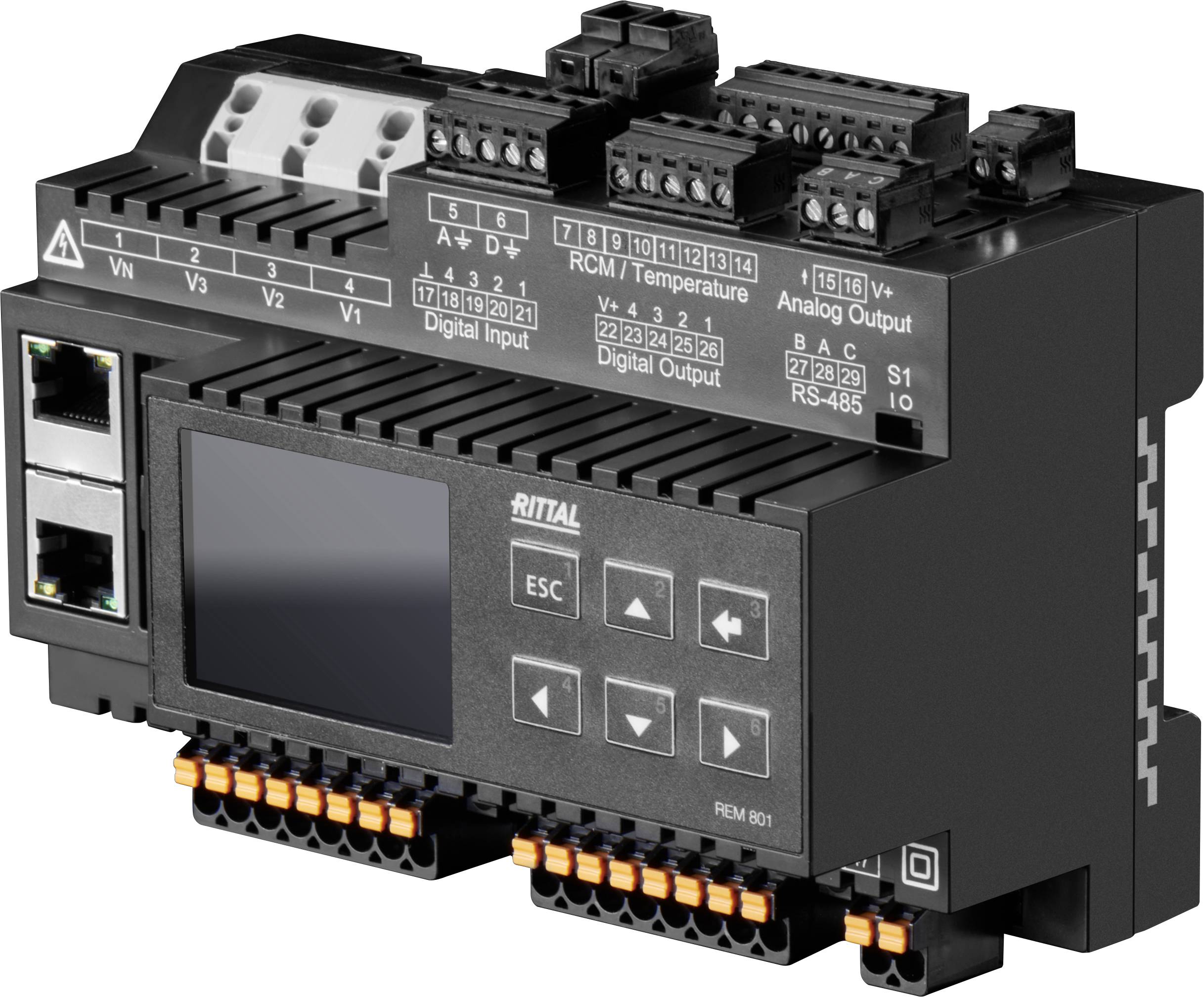 Industrielles Steuergerät mit digitaler Anzeige, mit der Beschriftung 'Rittal', ausgestattet mit Anschlüssen für Konnektivität und Tasten zur Navigation und Einstellung.