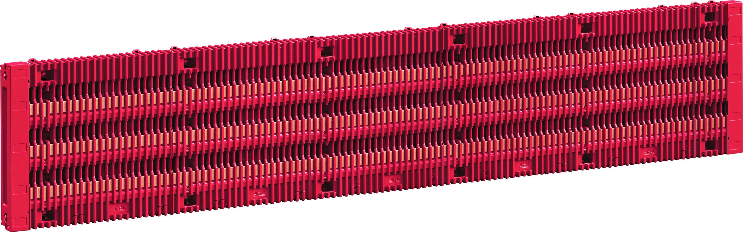 Rote, industrielle Kühlrippe für Heiz- oder Kühlsysteme mit einer Reihe gleichmäßig angeordneter vertikaler Lamellen.