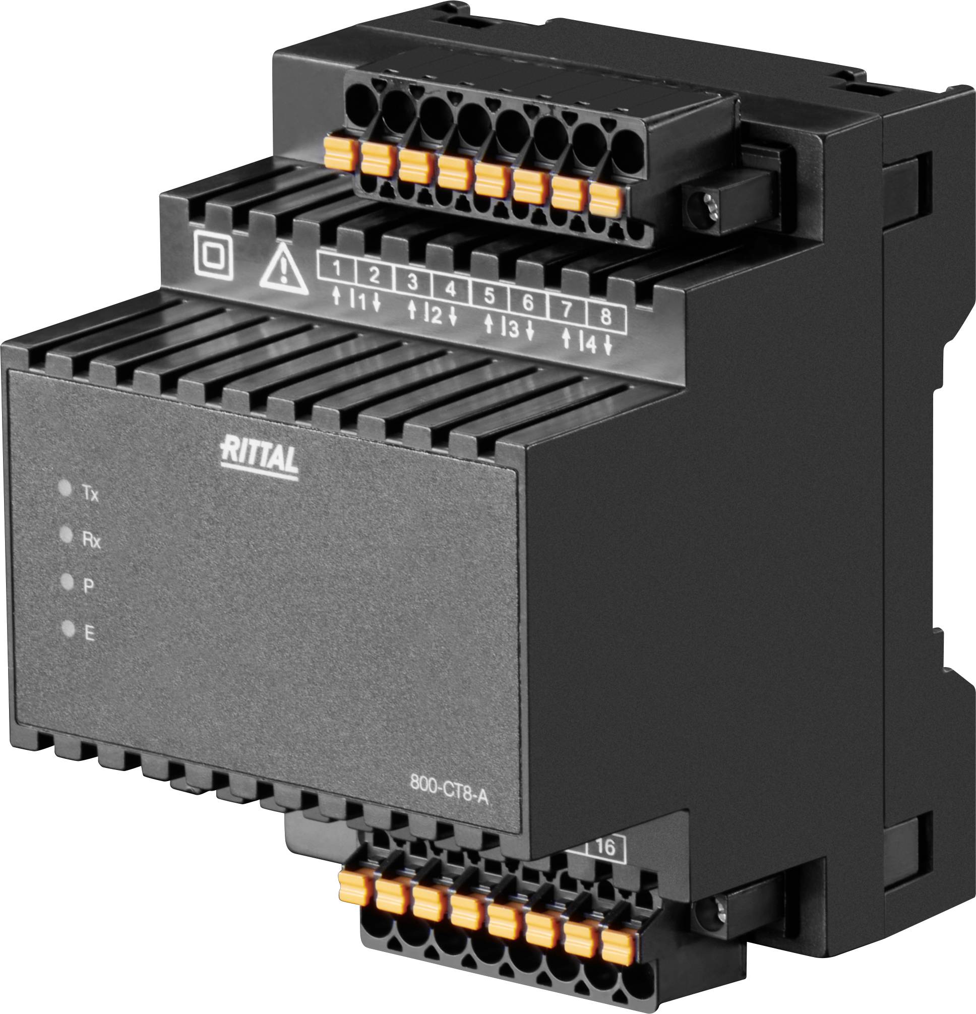 Eine schwarze elektrische Komponente mit der Bezeichnung 'Rittal', ausgestattet mit mehreren Anschlussports und numerischer Markierung '1-8' und '14+' oberhalb der Ports.