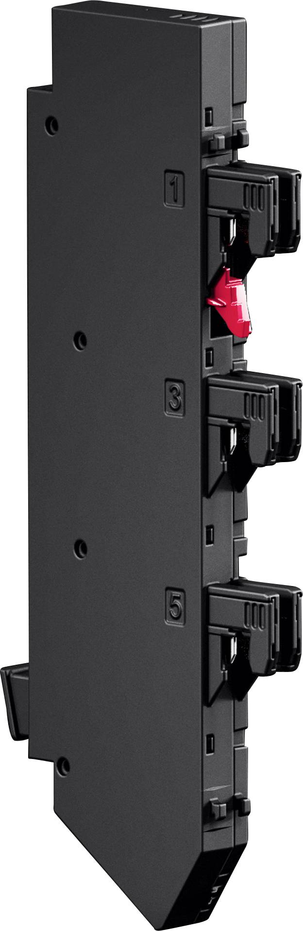 Eine schwarze, vertikal ausgerichtete elektrische Komponente mit mehreren nummerierten Schlitzen und einem roten Schalter.
