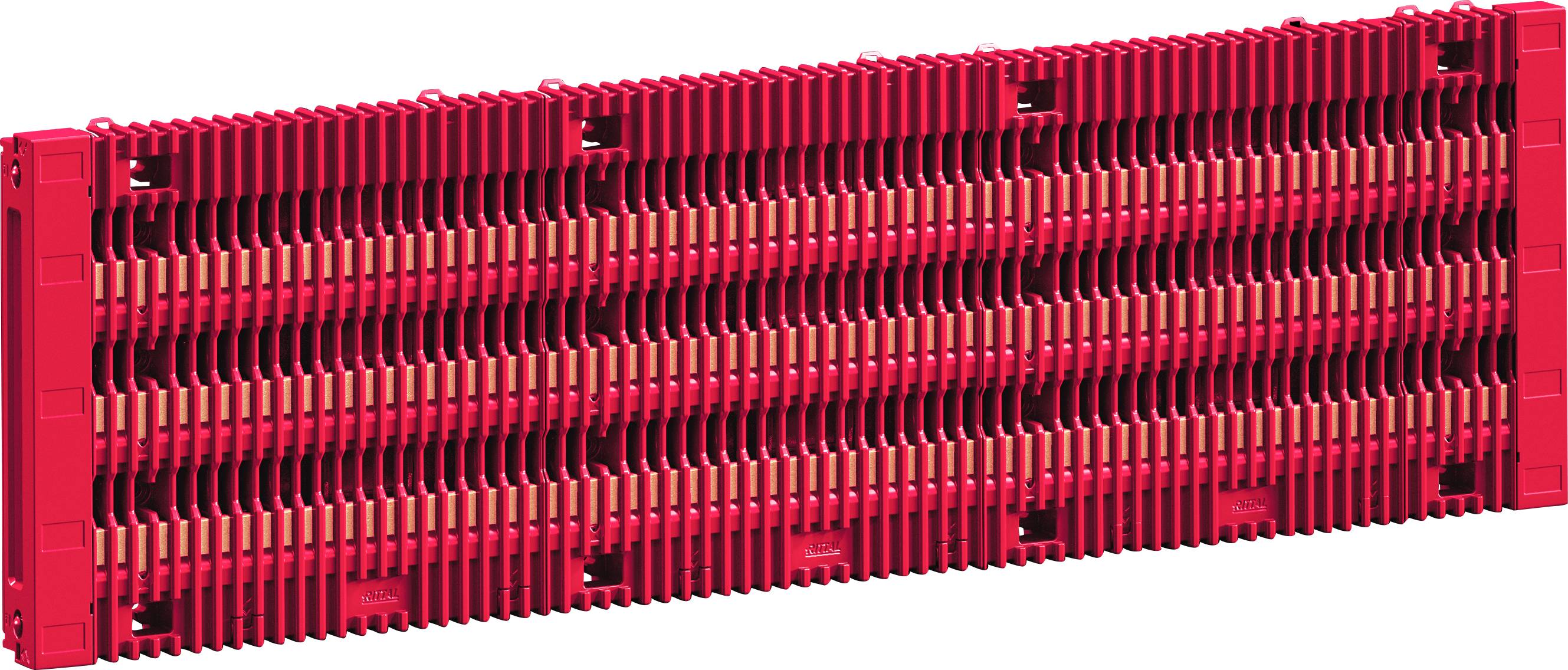 Eine rote Plastikwandplatte mit horizontalen Schlitzen, die häufig im modularen Bauwesen oder bei Spielzeug-Bausätzen verwendet wird.