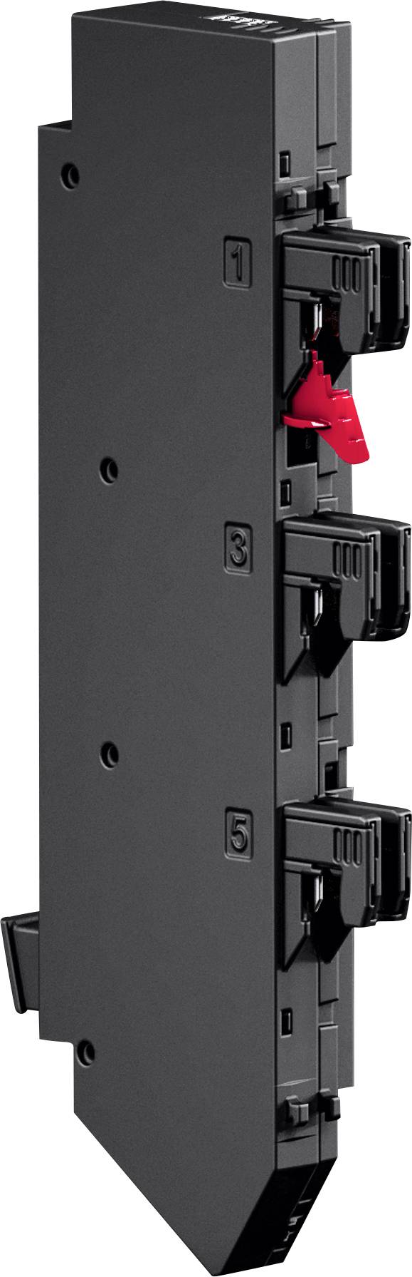 Ein schwarzes elektronisches Gerät mit beschrifteten Anschlüssen von 1 bis 5 und einem roten Schalter an der Seite.