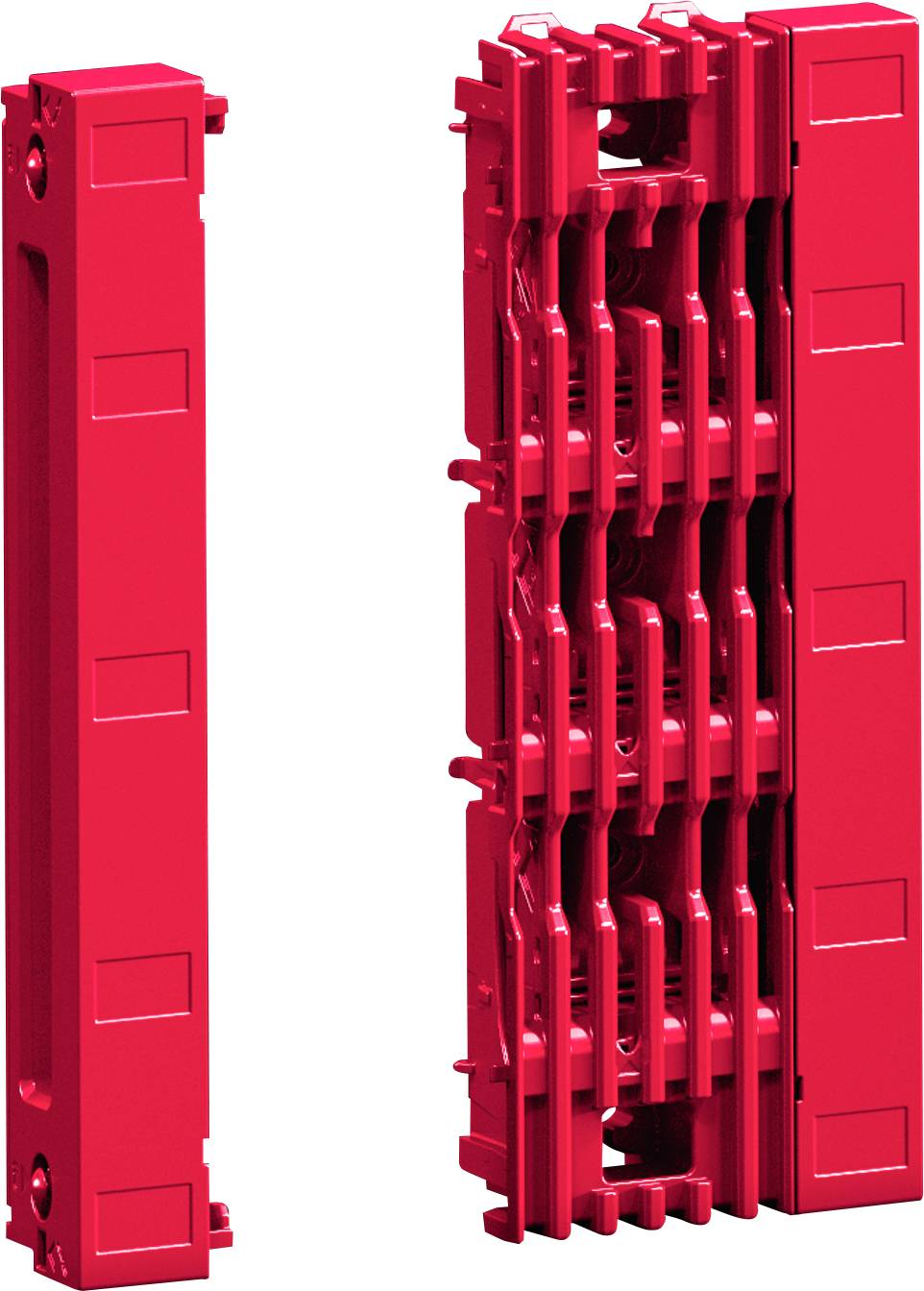 Zwei rote Kunststoffkomponenten, eine geschlossen und eine offen, die komplexe ineinandergreifende Mechanismen im Inneren zeigen.