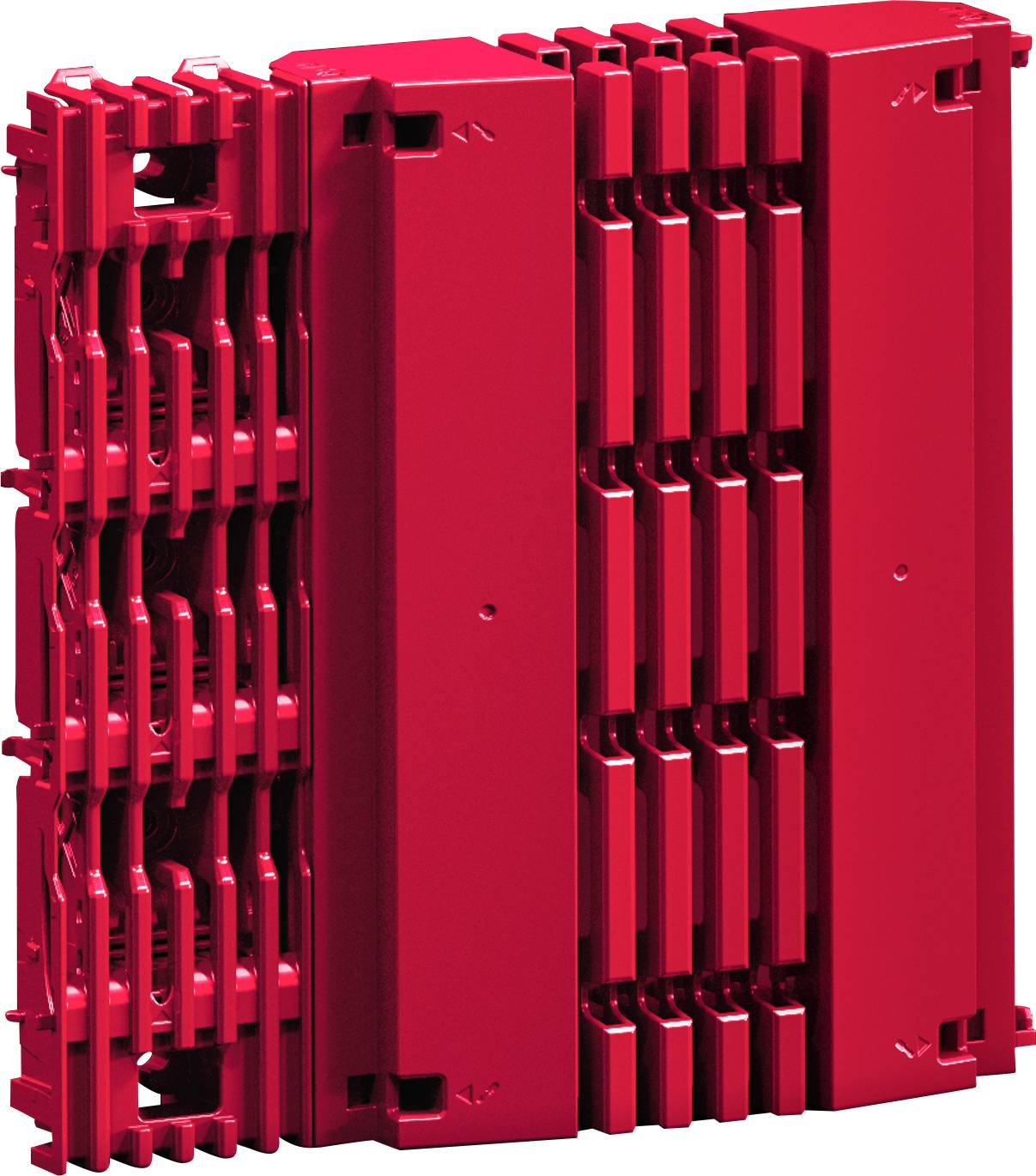 Eine rote industrielle Komponente mit ineinandergreifenden Teilen, die einem Leistungsschalter oder einer Elektrotafel in vertikaler Ausrichtung ähnelt.