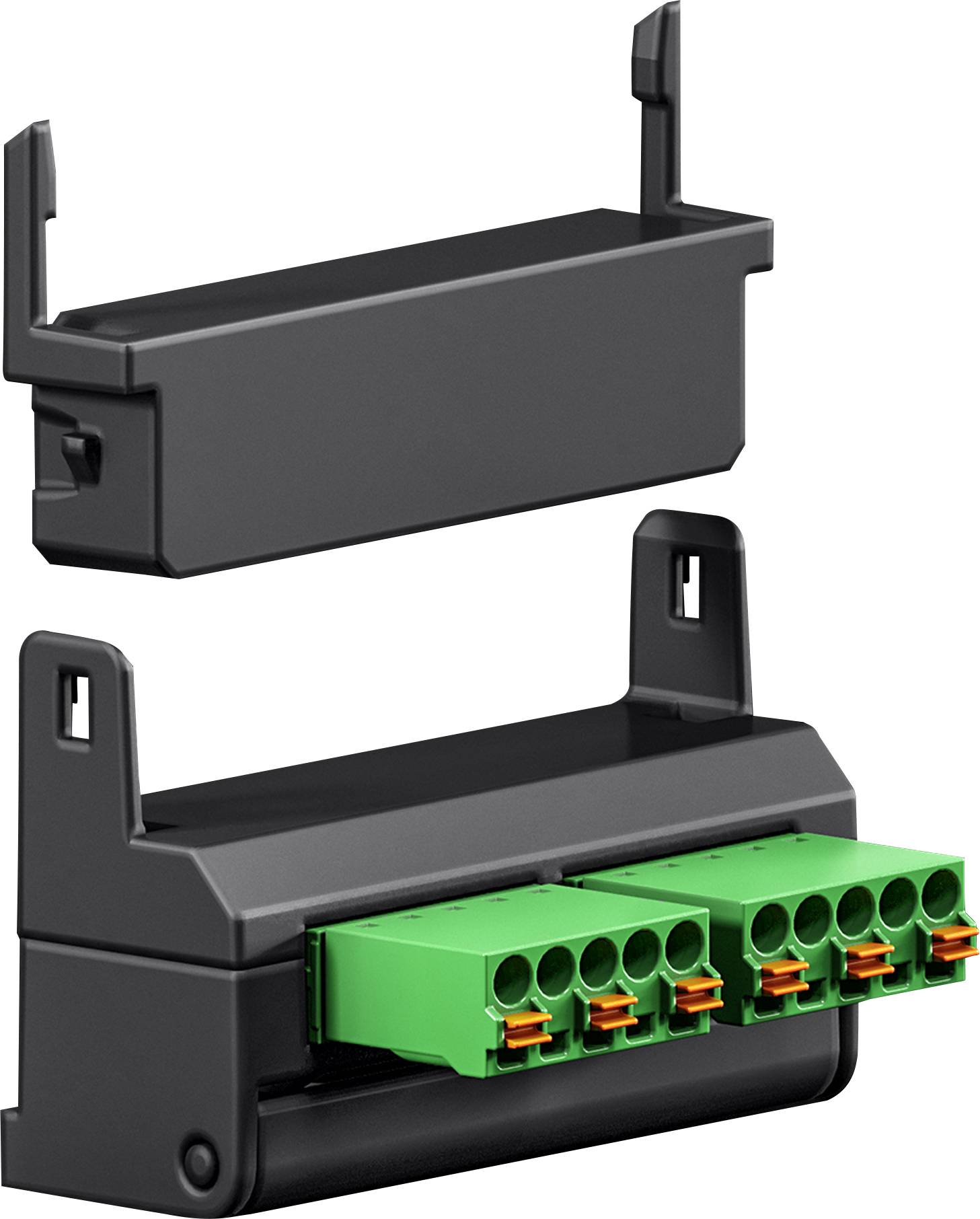 Ein schwarzes Kunststoffgehäuse mit offenem Deckel gibt grüne Klemmblöcke frei, die wahrscheinlich für elektrische Anschlüsse oder Leiterplattenverbindungen vorgesehen sind.