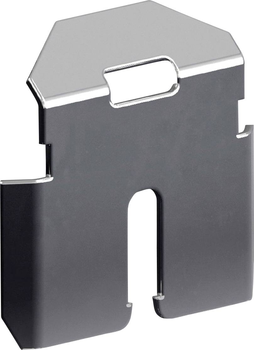 Ein metallischer, kantiger Clip mit einem oberen Schlitz zum Aufhängen, mit offener Unterseite. Wird häufig zum Organisieren oder Präsentieren von Gegenständen verwendet.