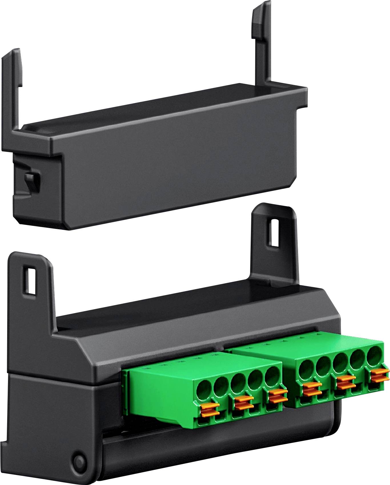 Ein schwarzer Elektrostecker mit mehreren grünen Anschlüssen, zum Anbringen ausgelegt, teilweise montiert mit sichtbaren Clips gezeigt.