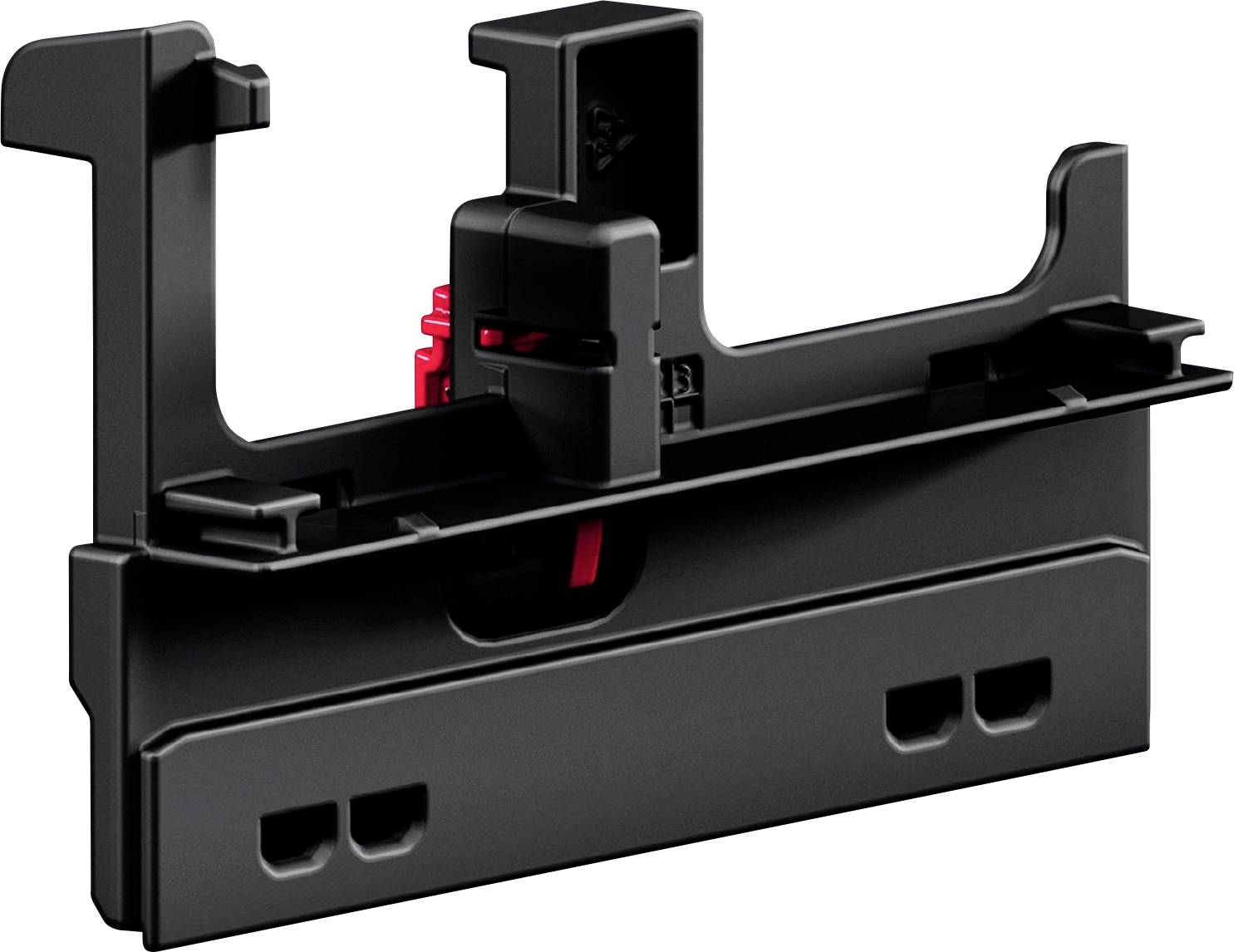 Eine schwarze Kunststoffmontageklammer mit rotem Clip, entwickelt zum Halten und Sichern von Geräten an ihrem Platz, mit Seiten- und Draufsicht.