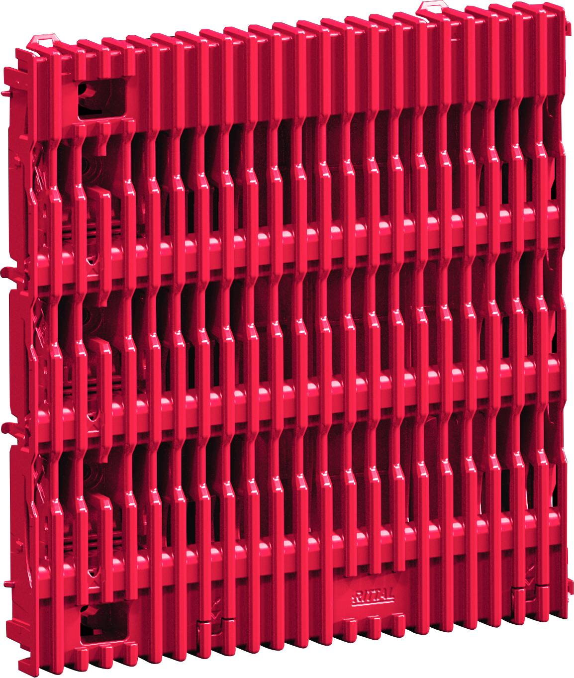 Ein rotes Kunststoff-Gitterpanel mit mehreren vertikalen und horizontalen Lamellen, das für Be- oder Entwässerung konzipiert ist.