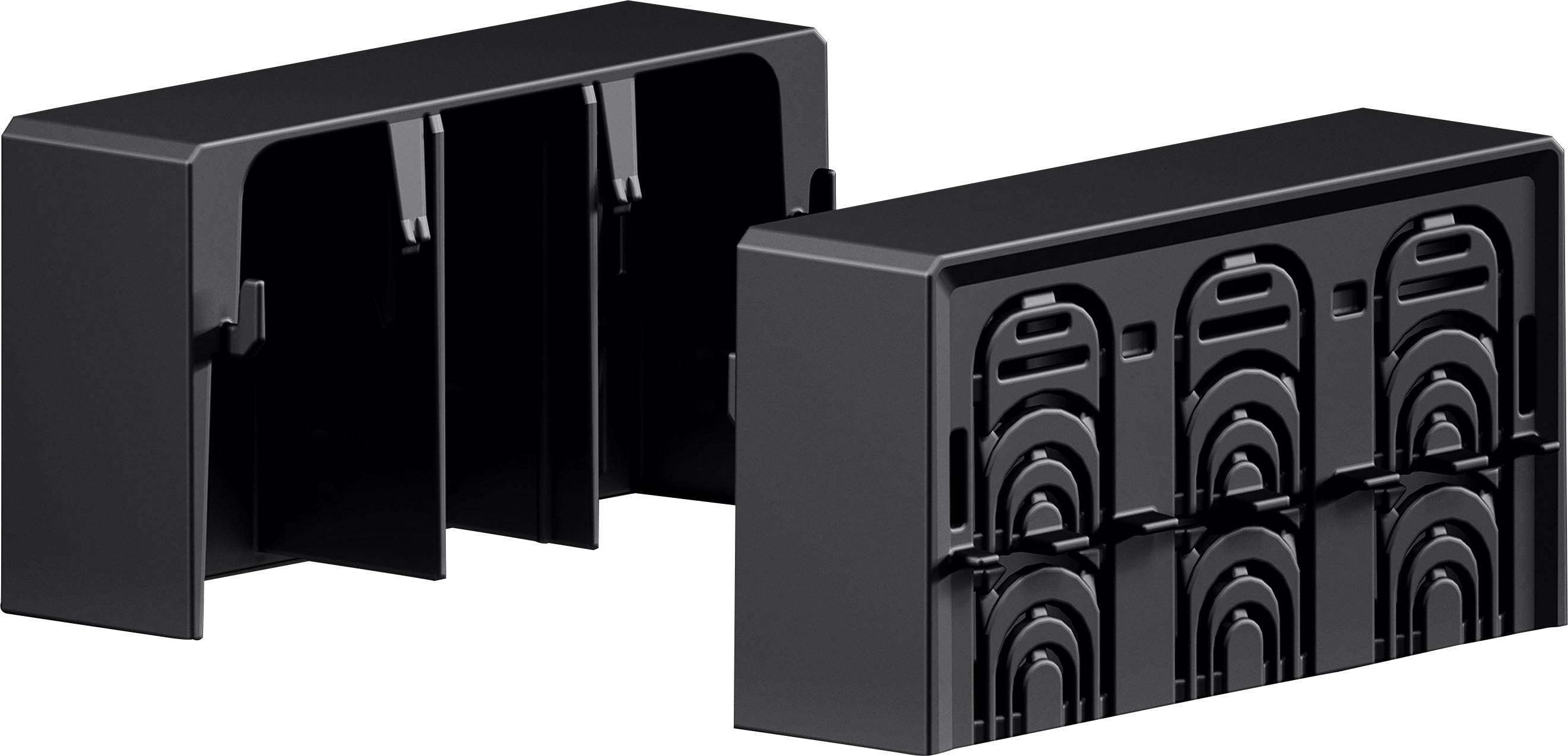 Zwei schwarze modulare Kunststoffkomponenten mit Schlitzen und Clips stehen sich gegenüber, die möglicherweise für elektronische oder mechanische Montagsysteme verwendet werden.