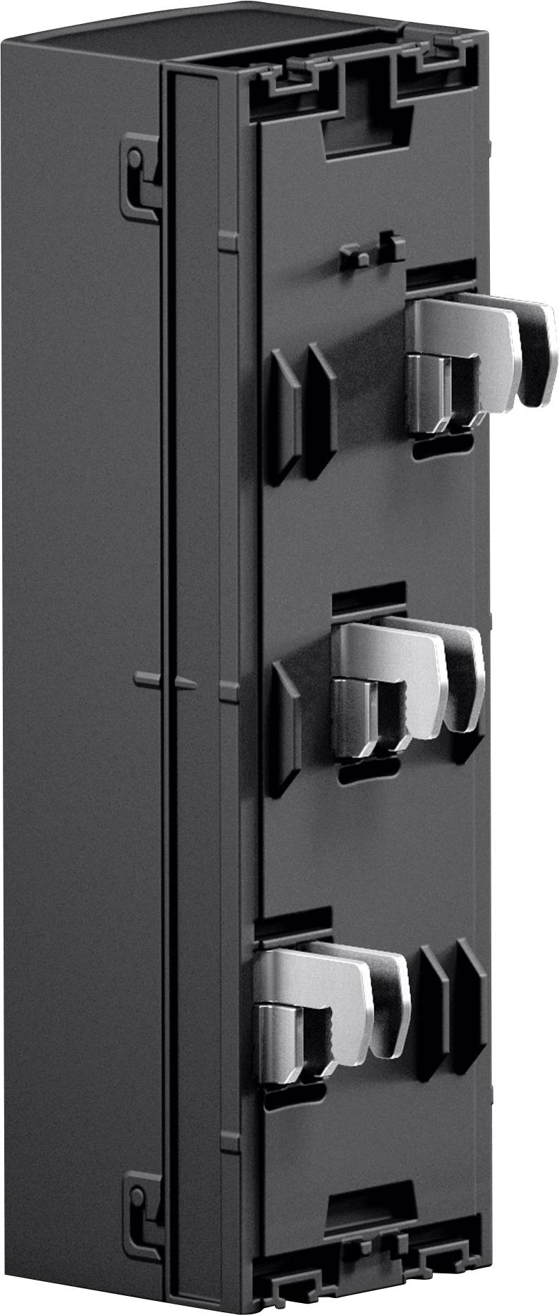 Eine schwarze rechteckige elektrische Komponente mit drei hervorstehenden Metallclips an einer Seite, die zum Befestigen oder Verbinden von Geräten verwendet wird.