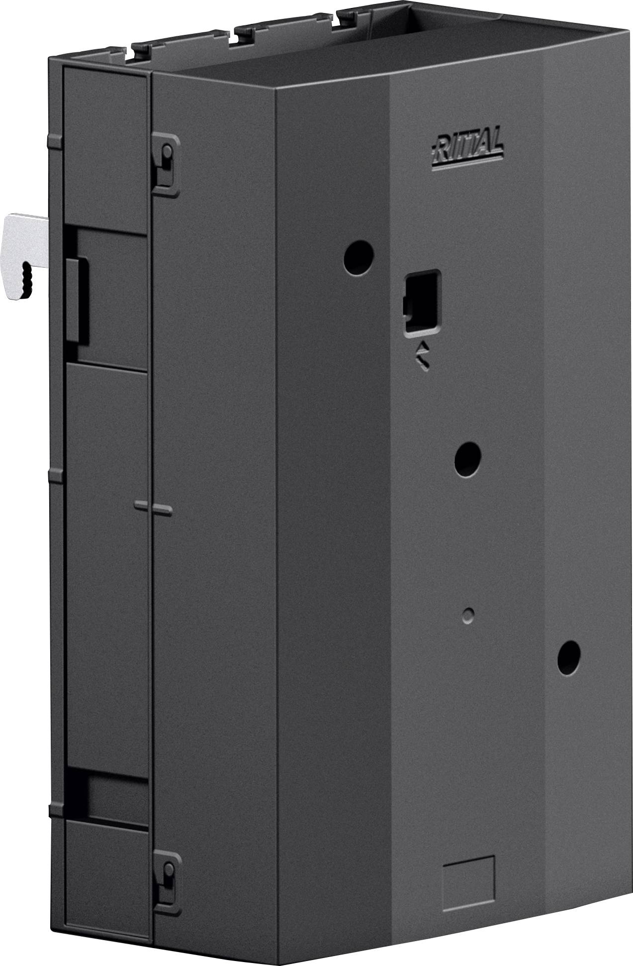 Eine schwarze elektrische Gehäusekomponente mit mehreren Löchern, einem Verschluss an der Seite und Branding auf der Oberfläche, wahrscheinlich für industrielle Zwecke.