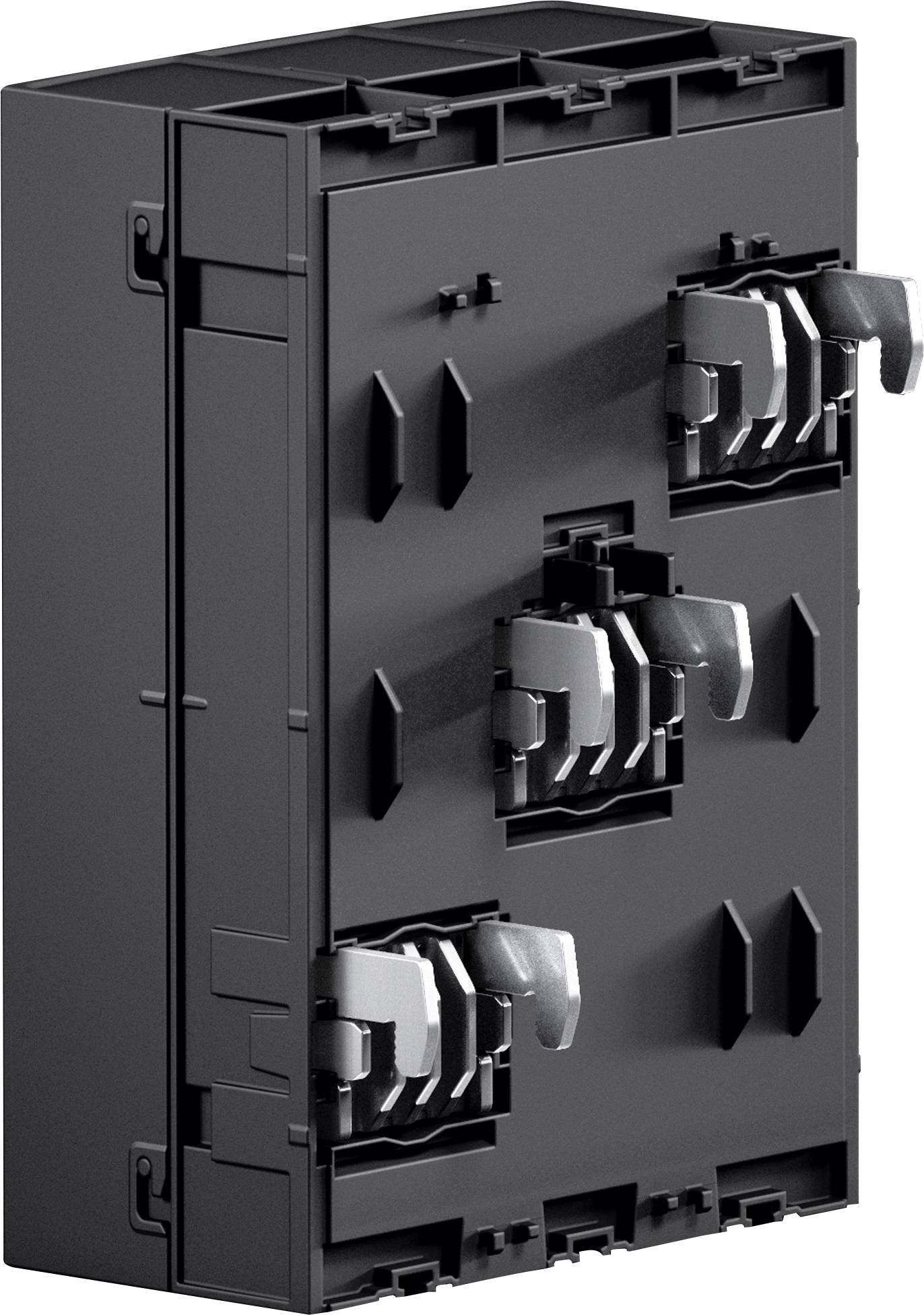 Eine schwarze elektrische Gehäusebox mit mehreren Anschlüssen und Verriegelungen, die zur Unterbringung und Organisation von elektrischen Komponenten verwendet wird.