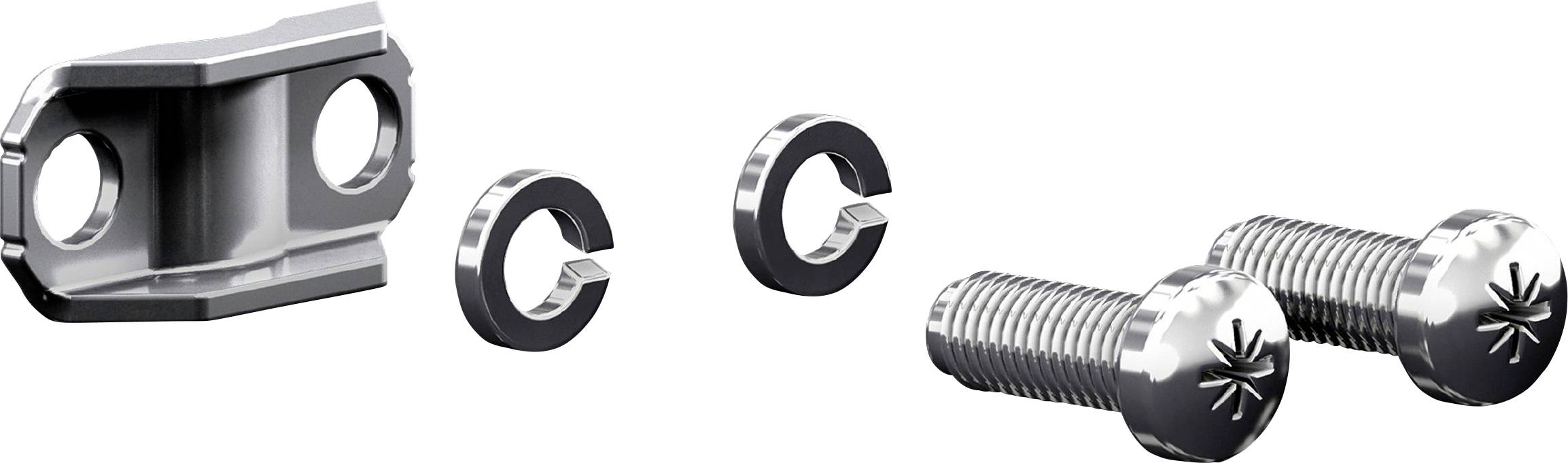 Metallkomponenten, einschließlich einer Halterung mit zwei Löchern, zwei C-Klammern und zwei Schrauben mit sternförmigen Köpfen, wahrscheinlich zum Befestigen von Teilen verwendet.