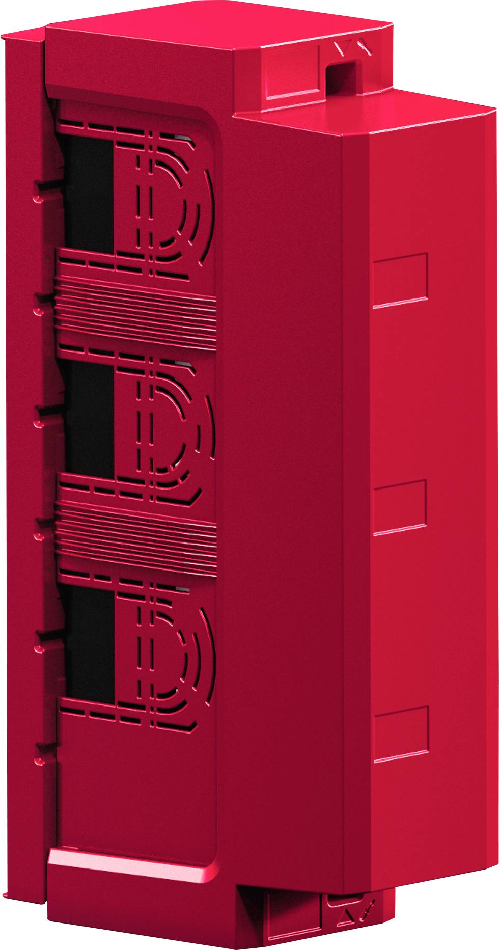 Rotes, rechteckiges elektronisches Modul mit Belüftungsmustern und geometrischen Details an seiner Seite, verwendet in industriellen elektronischen Systemen.