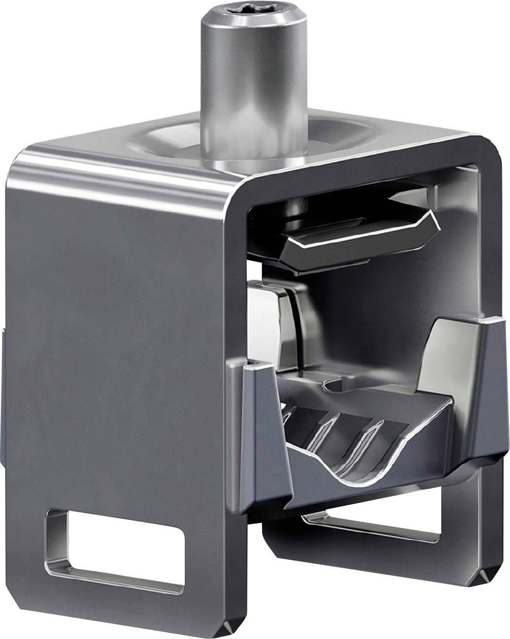 Eine metallische Komponente mit einer zylindrischen Oberseite und einer offenen, kastenartigen Struktur mit Schlitzen und geneigten Oberflächen, möglicherweise für mechanische Montage.