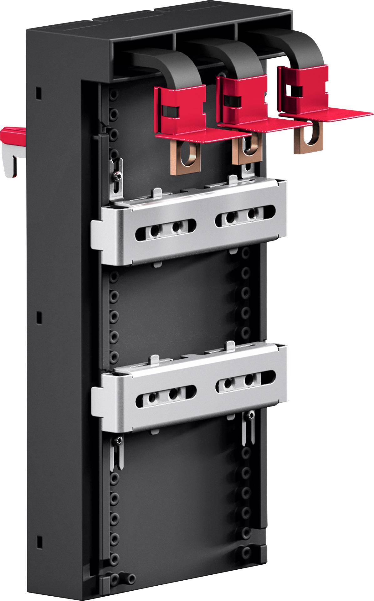 Elektrische Schaltanlage mit drei roten Schalthebeln und Sammelschienen, konzipiert für Stromkreisverbindung und -verteilung.