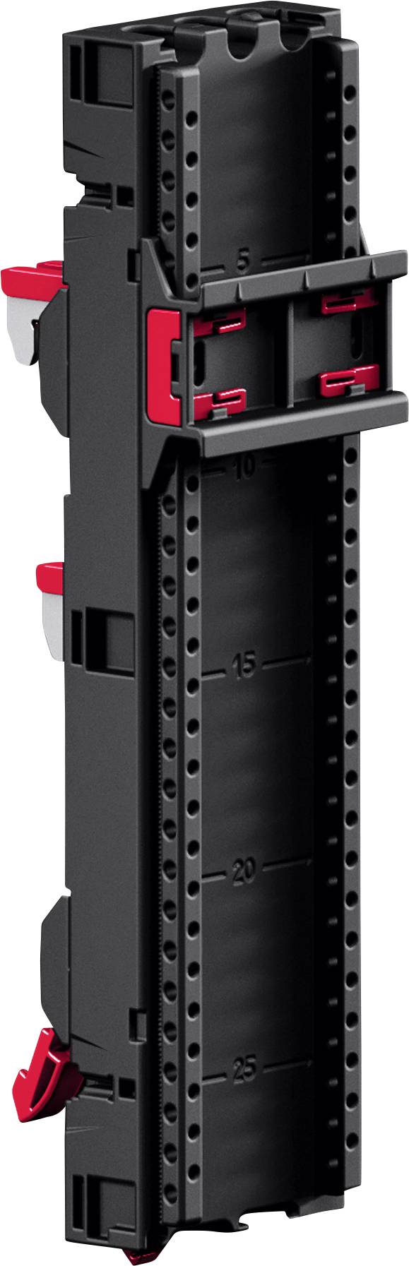 Eine schwarze Kunststoff-Montageplatte mit roten Clips, die nummerierte Schlitze von 5 bis 25 aufweist.