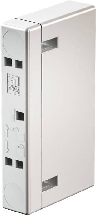 Eine rechteckige, graue elektrische Steuer- oder Verteilungskomponente mit einem Logo an der Seite, die zwei quadratische Eingänge und kreisförmige Details aufweist.