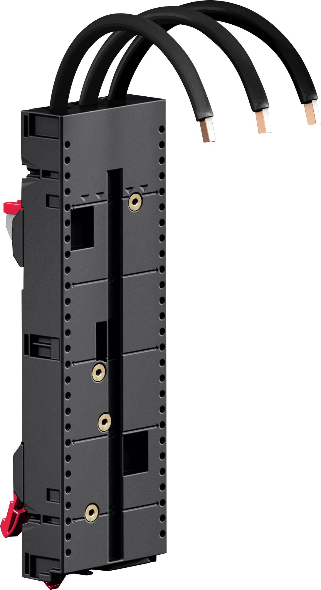 Eine schwarze elektrische Komponente mit drei angeschlossenen Kabeln, die Anschlusspunkte und rote Verriegelungsmechanismen an der Seite aufweist.