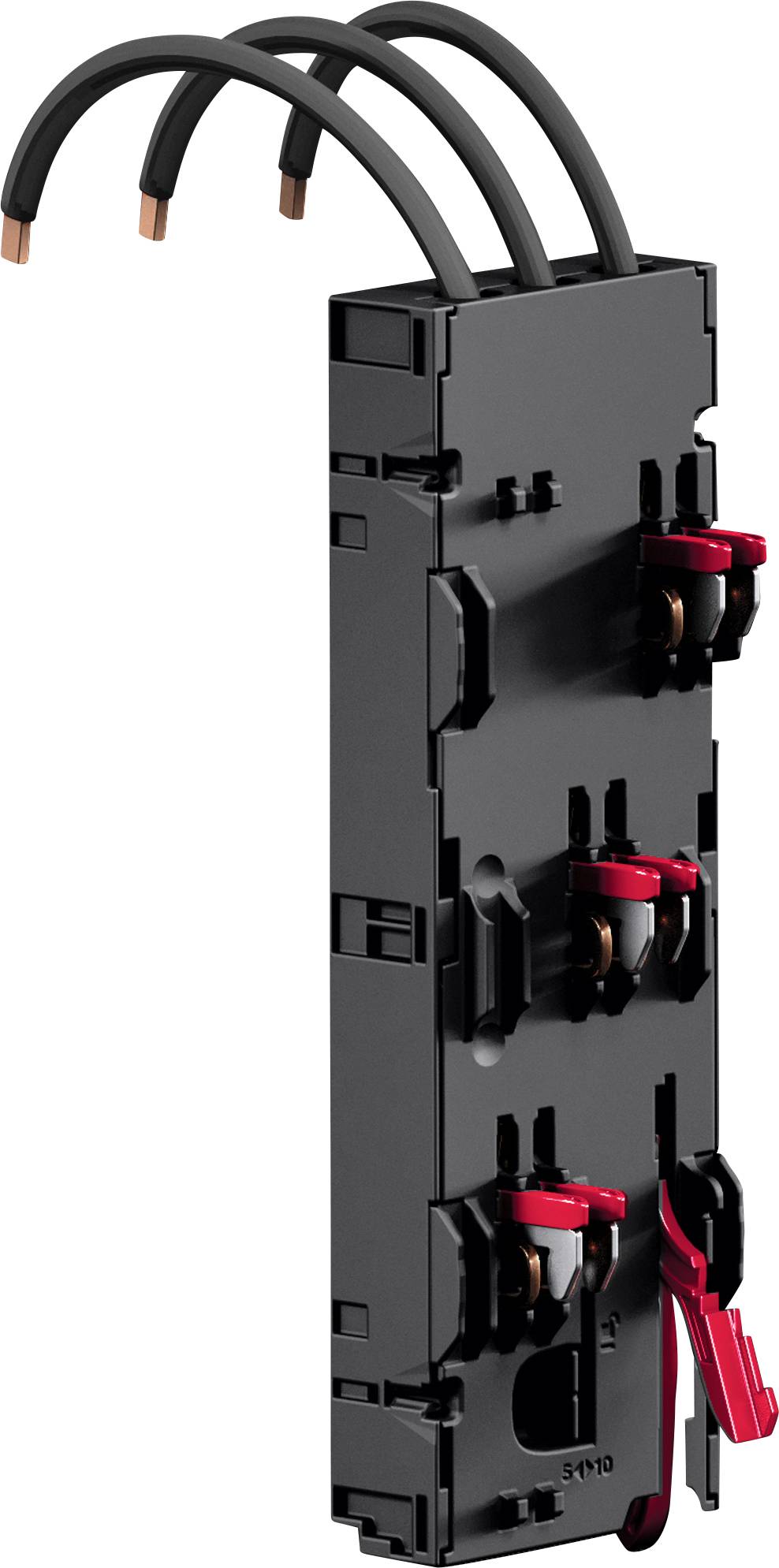 Ein schwarzes elektrisches Schaltpanel mit drei roten Schaltern und angeschlossenen schwarzen Kabeln.