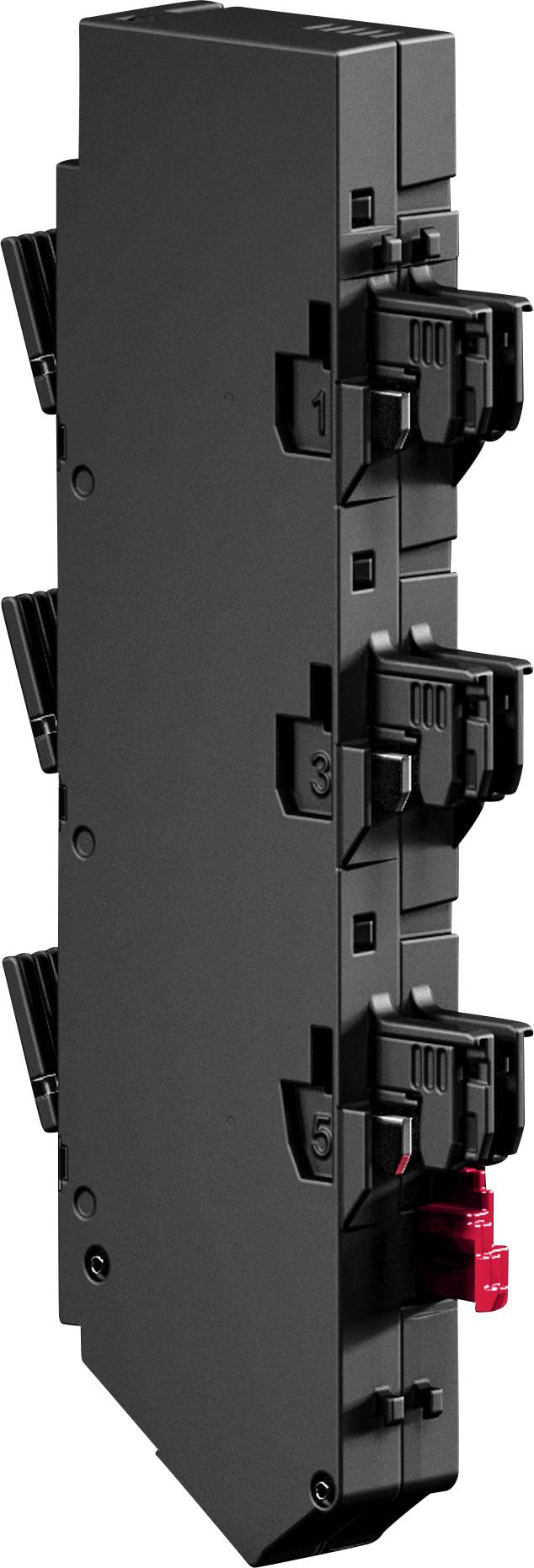 Ein schwarzer elektrischer Sicherungsautomat mit drei Schaltern, die mit den Zahlen '1', '3' und '5' gekennzeichnet sind. Der unterste Schalter verfügt über eine rote Klemme.