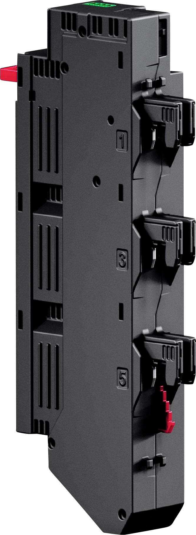 Ein schwarzes elektronisches Bauteil mit mehreren Anschlüssen und roten Laschen