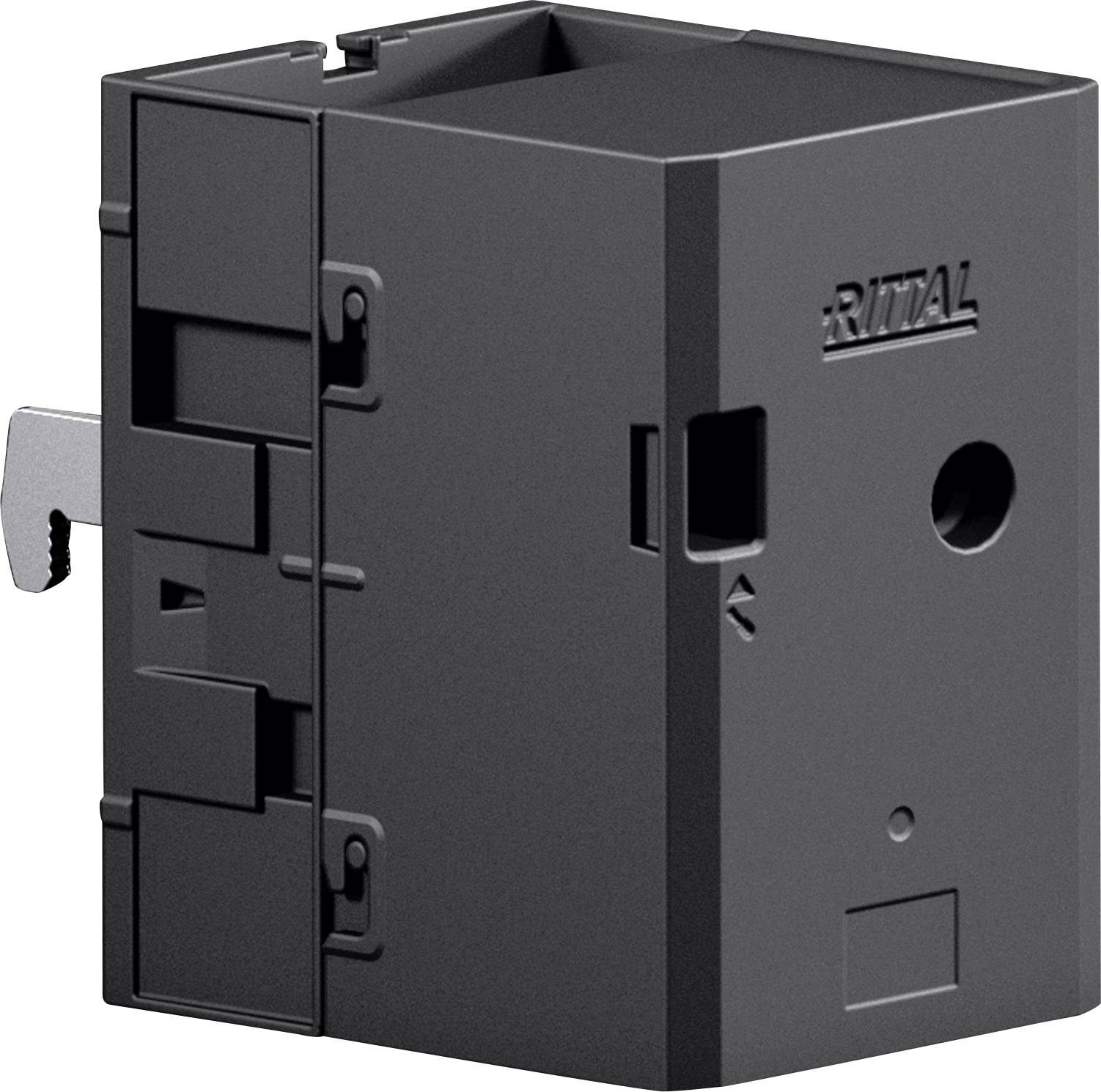 Eine schwarze rechteckige elektronische Komponente mit detaillierten Kanten und einem sichtbaren Metallschlüssel an der Seite, auf der Oberseite mit 'Rittal' beschriftet.